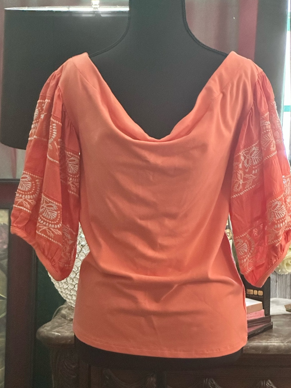 Free People NWT Hot Coral Embroidered Puff Sleeve Top Large.